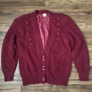 Vintage Burgundy Wool‎ Cardigan Button Up Embroidered Floral Beading Old Money
